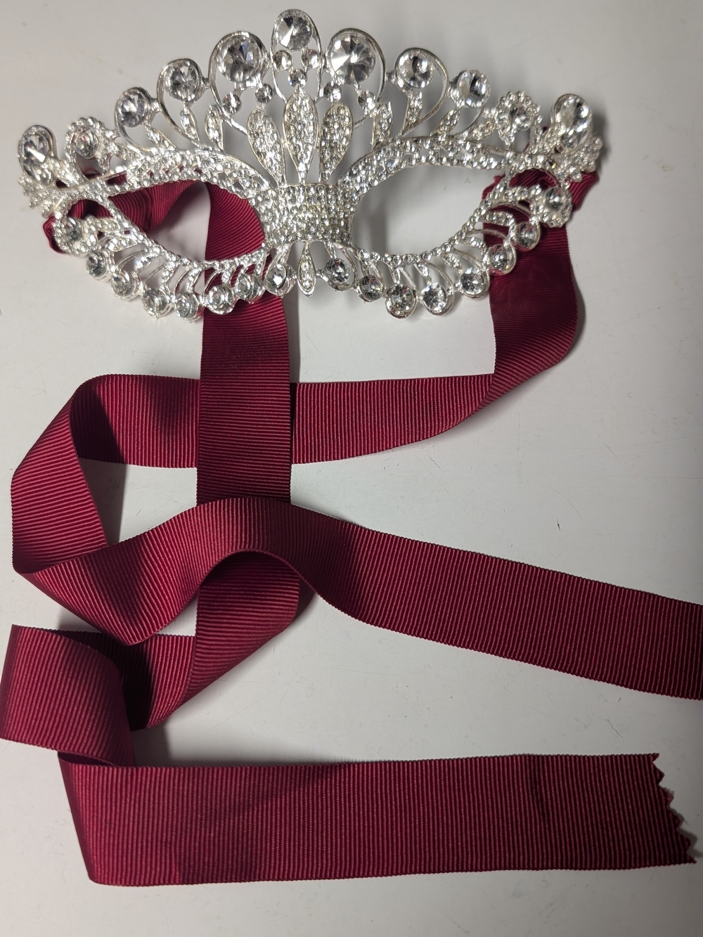Source Unknown Silver Crystal Masquerade Mask with Burgundy Ribbon